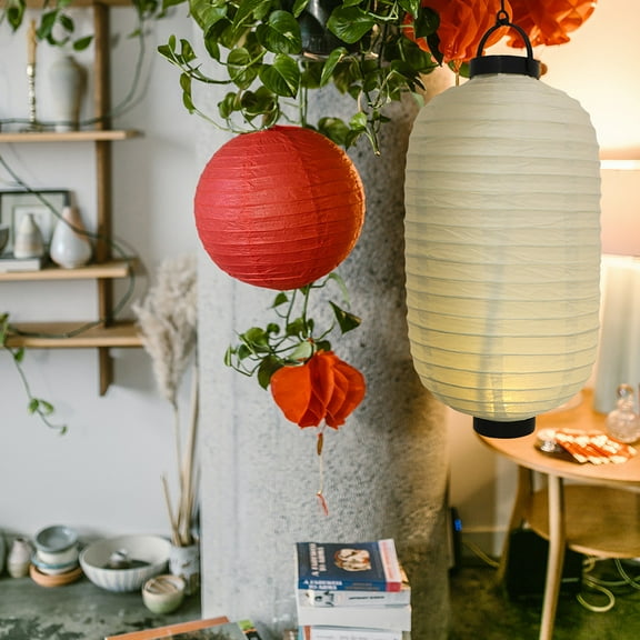 BESTYASH Set of 2 White Japanese Paper Lanterns with LED Lights, Battery Operated Hanging Decor for Home and Business
