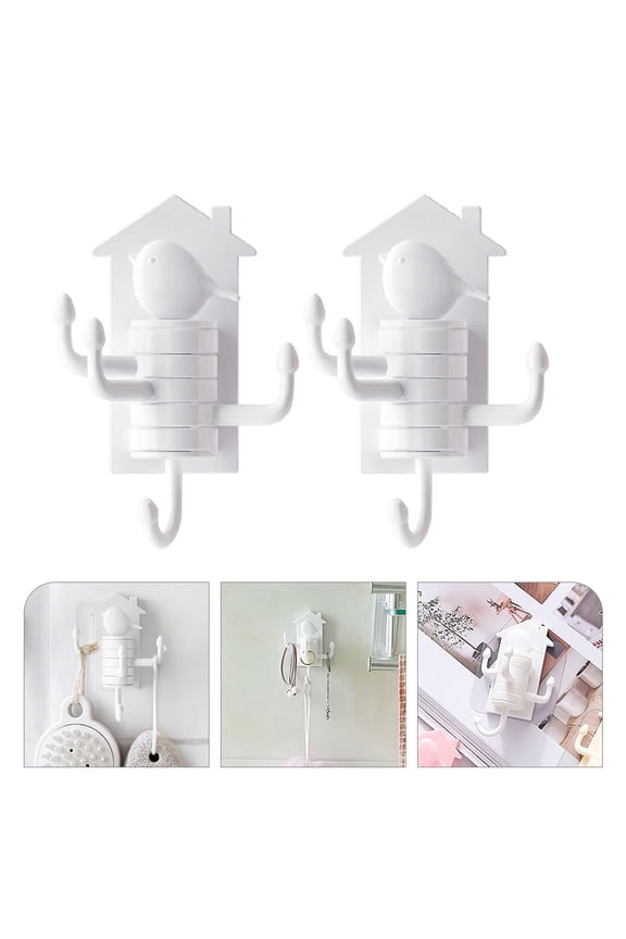 2Pcs White Plastic Wall Mounted Hooks Rotatable 180 Degrees for Towel Keychain Ornaments