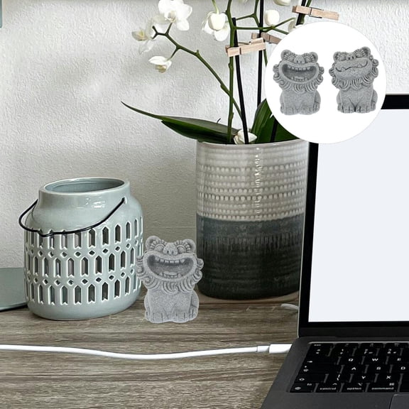 BESTYASH 2Pcs Grey Traditional Chinese Lion Figurine Easy to Clean Desktop Lion Ornament
