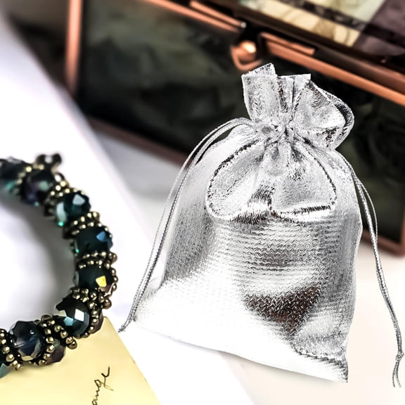 BESTYASH 30Pcs Plated Silver Drawstring Organza Bags Decorative Small Pouches for Candy and Jewelry Packing