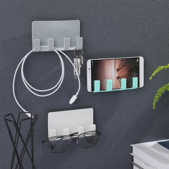 BESTYASH Wall Mount Phone Charging Stand with 4 Hooks, Cable Organizer Rack, Assorted Colors, Easy Install for Home Office