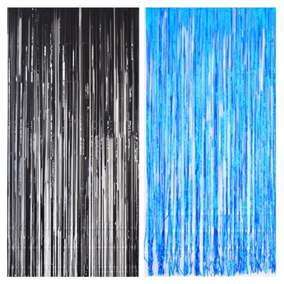 BESTYASH 3Pcs Aluminum Film Party Curtains Blue Foil Fringe Backdrop for Graduation and Wedding