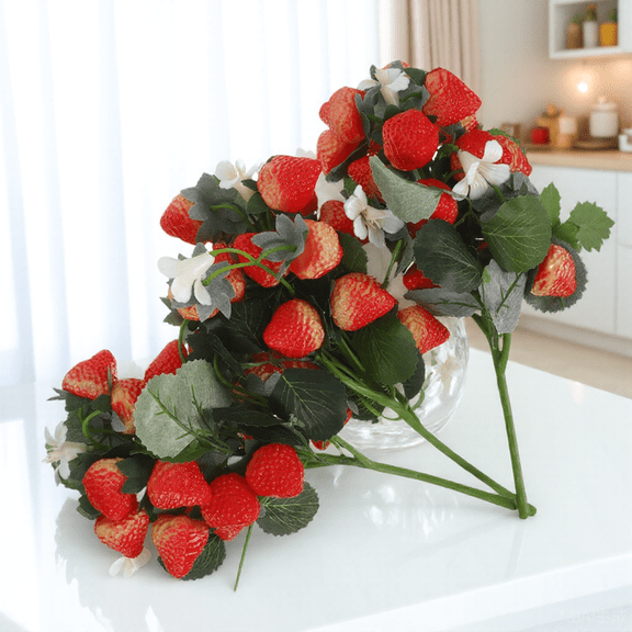 BESTYASH 3Pcs Artificial Strawberry Stem Bouquet Red Lifelike Branches for Festival Party Decor