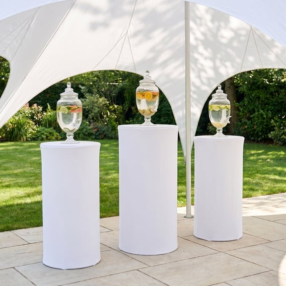 BESTYASH 3Pcs White Stretchy Cylinder Pedestal Covers for Wedding Dessert Display Columns