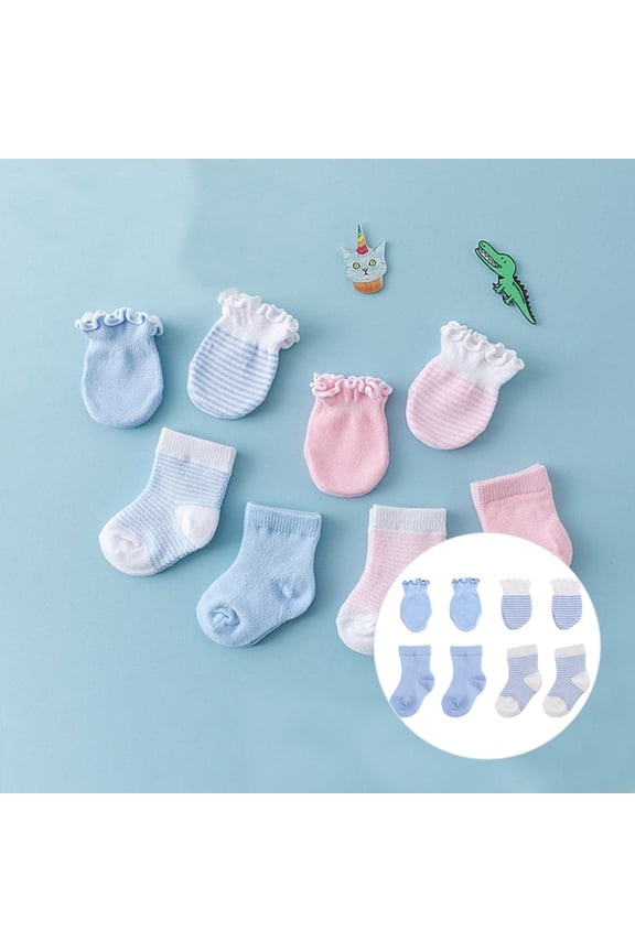 4 Pairs Cute Socks and Mittens Soft Newborn Ankle Socks Gift for Baby Showers