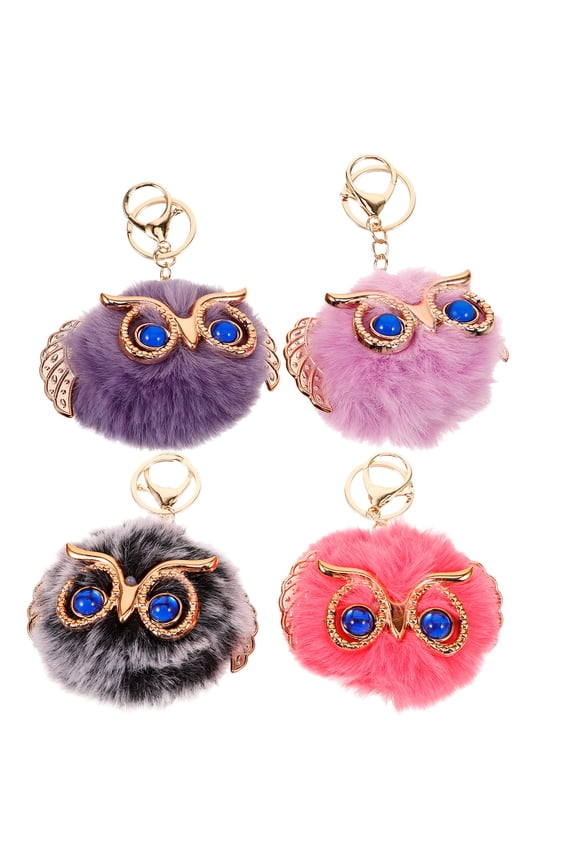 4Pcs Owl Keychain with Faux Ball Durable Key Ring for Bag Backpack and Purse Decoration
