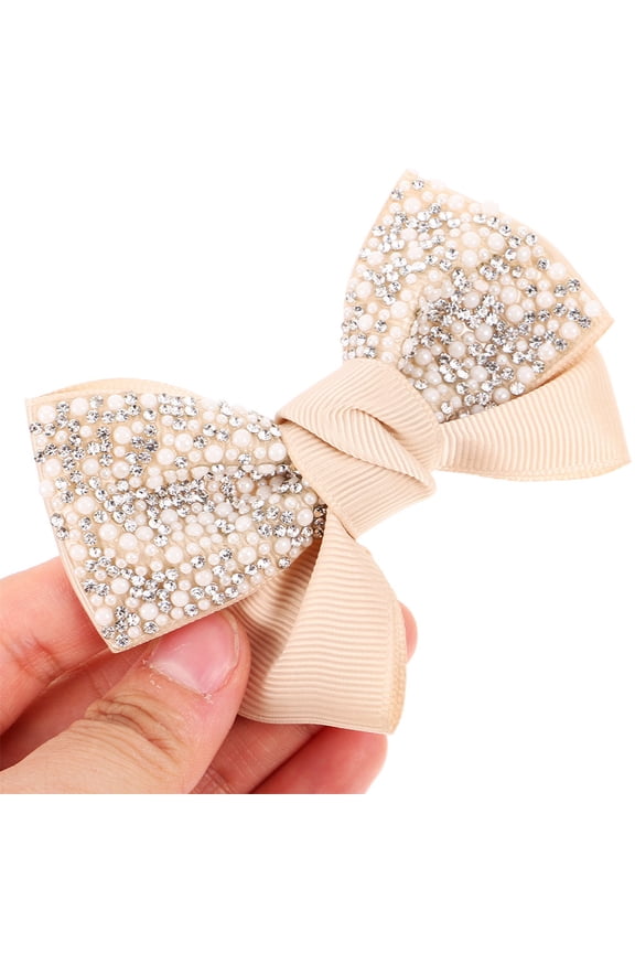 4-Piece Rhinestone Bow Shoe Clips Beige Fabric Accessories for Women Wedding, Party, and Special Occasions