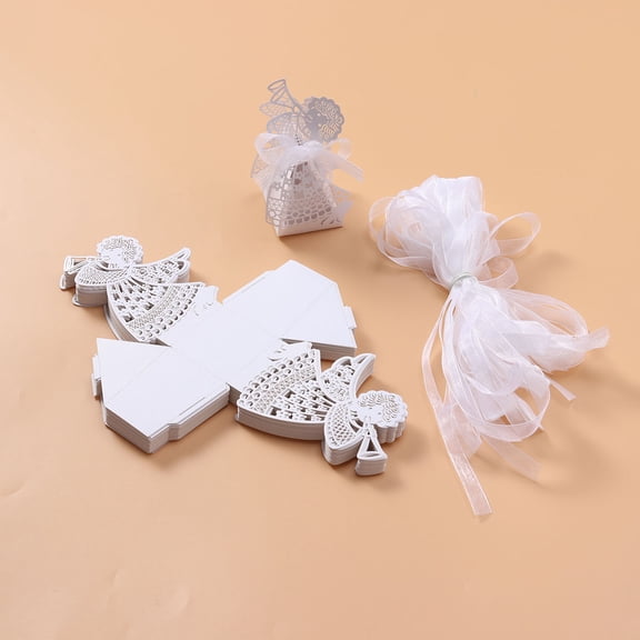 BESTYASH 50 Set White Hollow Ribbon Wedding Favor Boxes Candy Storage Paper Boxes for Guests Party Supplies