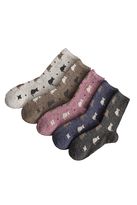 5Pairs Comfortable Wool Socks with Kitten Pattern Warm Retro Style Winter Socks