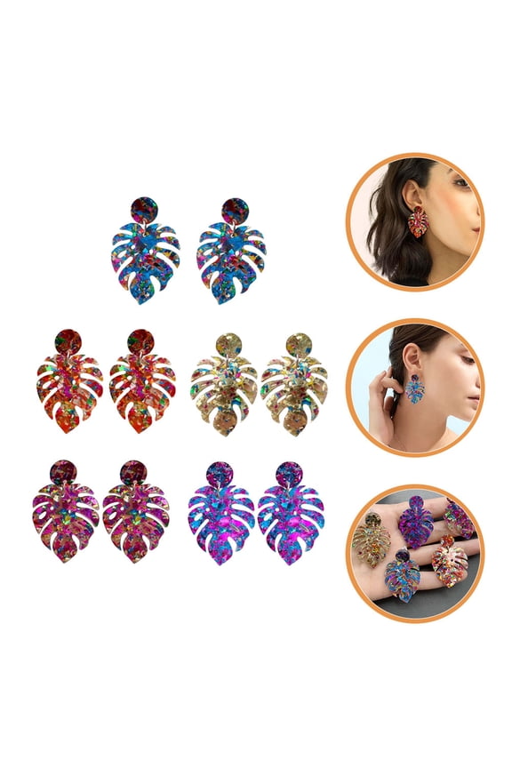 5Pairs Leaf Sequin Earrings Acrylic Material Lightweight Summer Earrings Jewelry