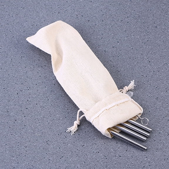 BESTYASH 5Pcs Cotton Linen Straw Carrying Case with Drawstring for Reusable Straws and Fork Storage Beige