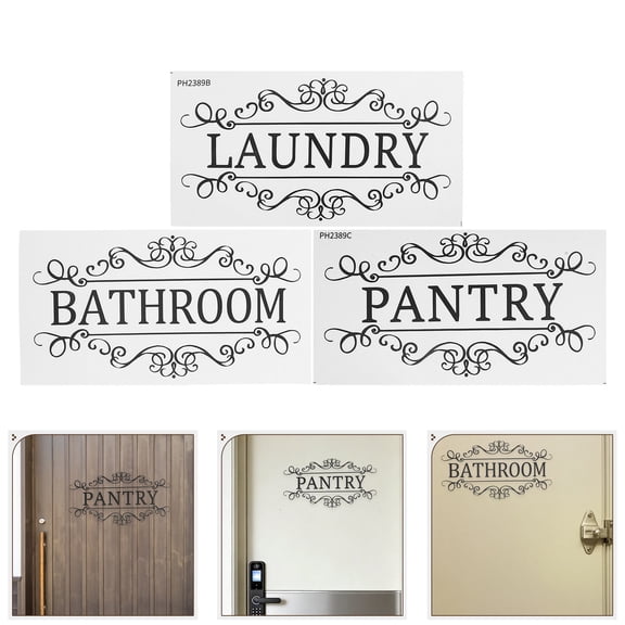 BESTYASH 6Pcs Durable Black Door Labels for Bathroom Laundry Room Pantry Easy Apply Decal