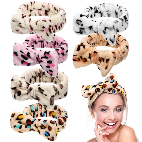 BESTYASH 6Pcs Leopard Print Plush Spa Headband with Bowknot for Face Wash Makeup Hairdressing Use