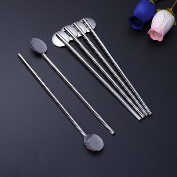 BESTYASH 6Pcs Silver Stainless Steel Straw Spoon Reusable Metal Straw Washable and Leak Proof