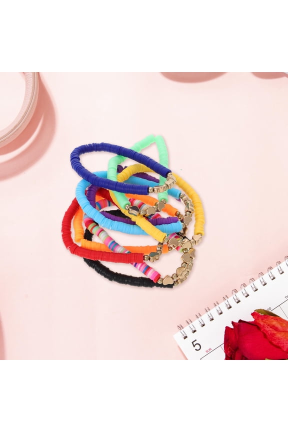 9-Piece Beaded Stretch Bracelets Set with Assorted Colors and Heart Designs, Boho Style Wristbands for Women and Teens
