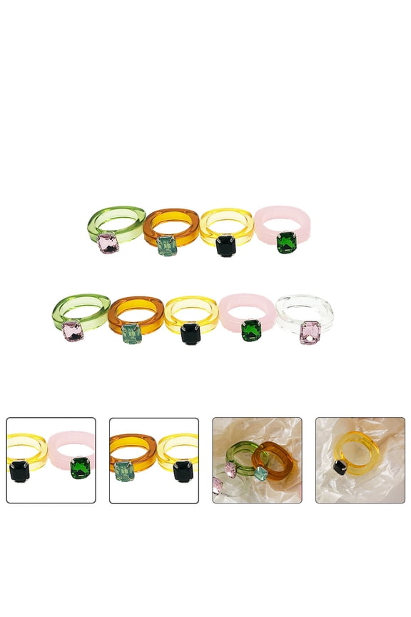 9Pcs Unique Acrylic Craft Rings with Decor Assorted Colors Stylish Finger Rings