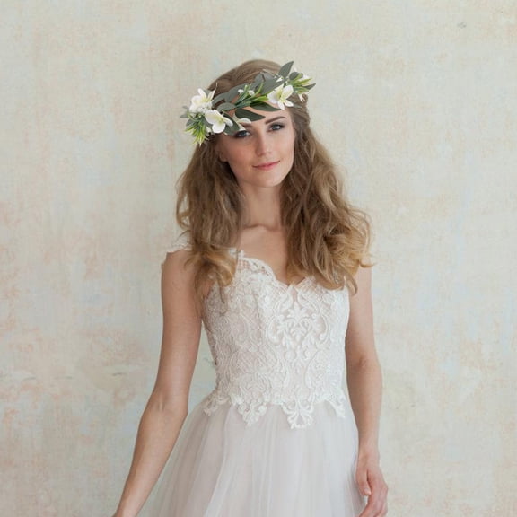 BESTYASH Adjustable Flower Crown With Phalaenopsis Flower Head For Bridal Rattan Wreath 1Pcs