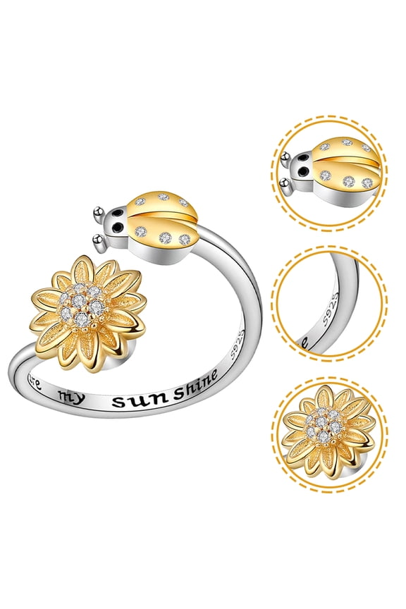 Adjustable Sunflower Finger Ring with Ladybug Decoration for Daily and Holiday Wear