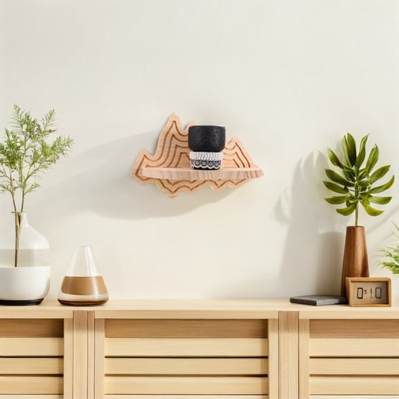 BESTYASH Beige Wooden Wall Mounted Floating Shelf with Creative Mountain Design Rustic Solid Wood Storage Ledge