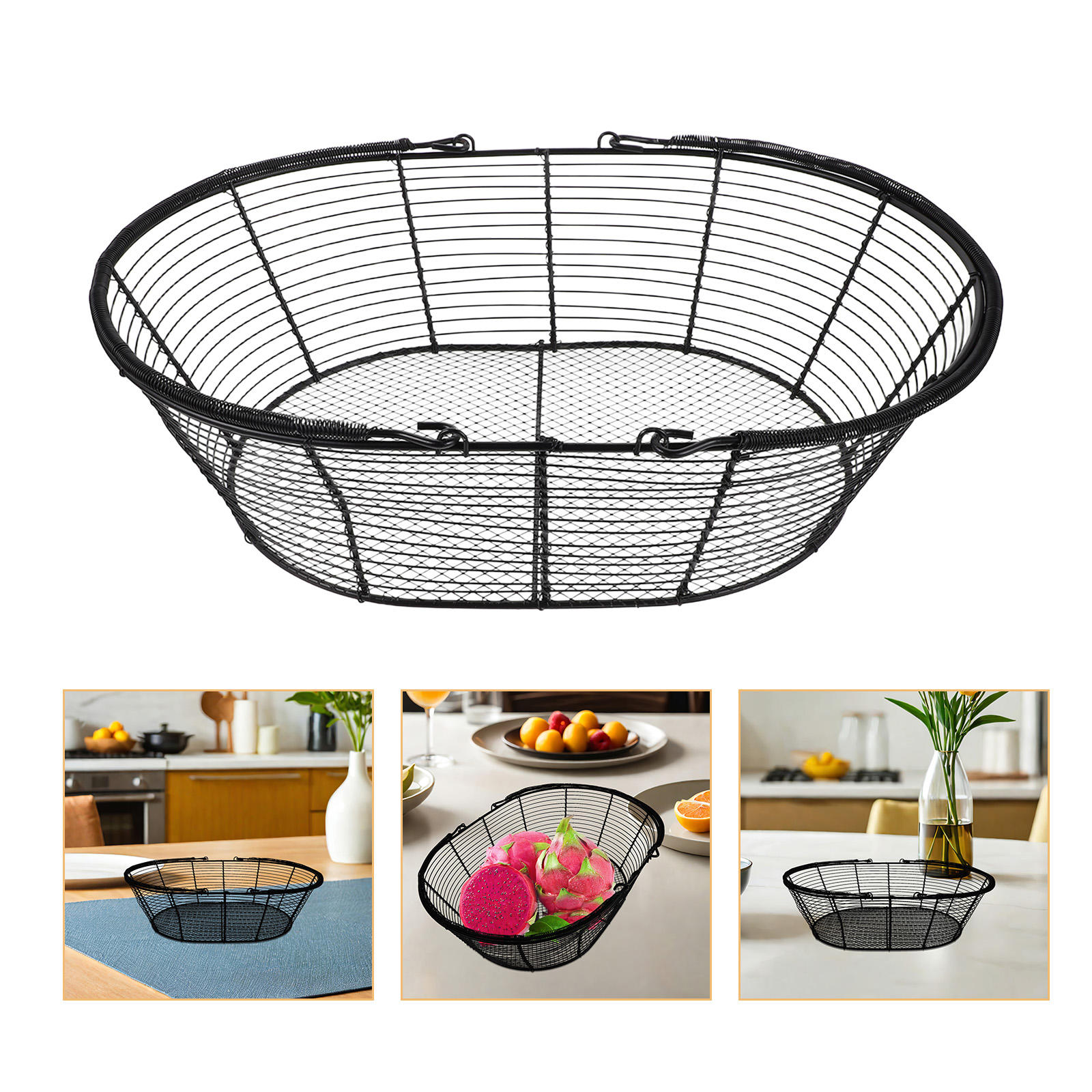 BESTYASH Black Metal Wire Basket with Handles for Kitchen Storage Mesh Design for Fruits and Snacks