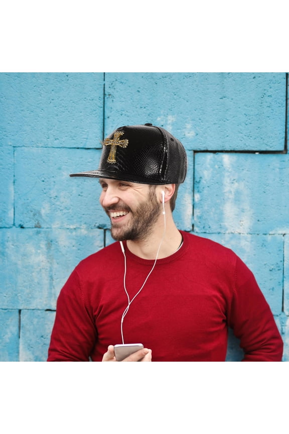 Black PU Baseball Cap with Cross Texture Flat Brim Style Outdoor Fashion Hat