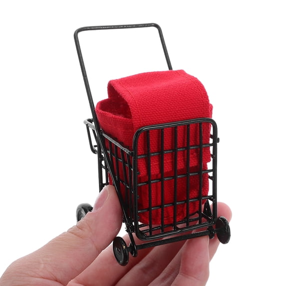 BESTYASH Compact Black Metal Shopping Trolley for 1:12 Scale Dollhouse Miniature Grocery Cart Accessory