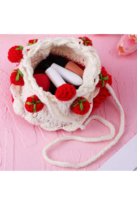 Crochet Strawberry Bucket Bag Red Knitted Crossbody Drawstring Purse for Storage
