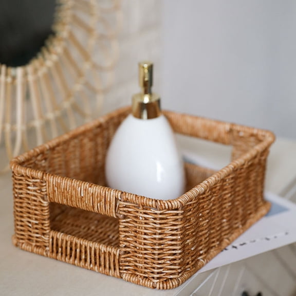 BESTYASH Desktop Container Light Brown Woven Basket with Vintage Style Rattan Weaving