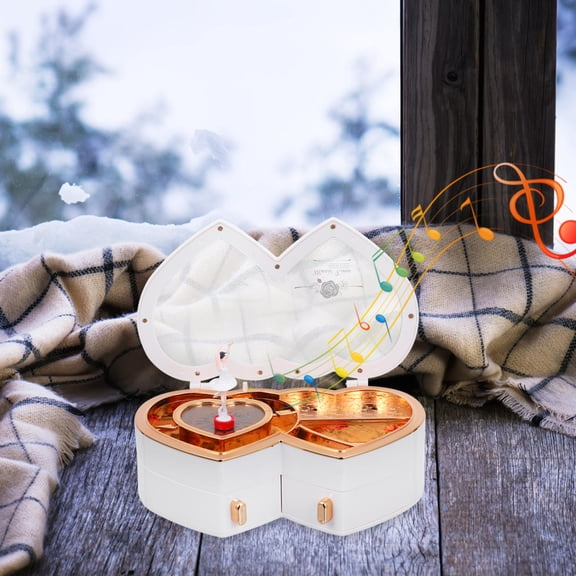 BESTYASH Valentine White Music Box with Double Heart Shape and Rotating Dance Figurine