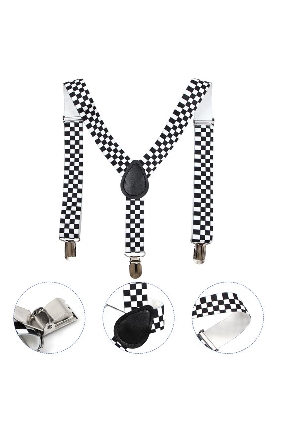 Elastic Checkered Y-Back Suspender Clip-on Braces with Stainless Steel Buckle Clips
