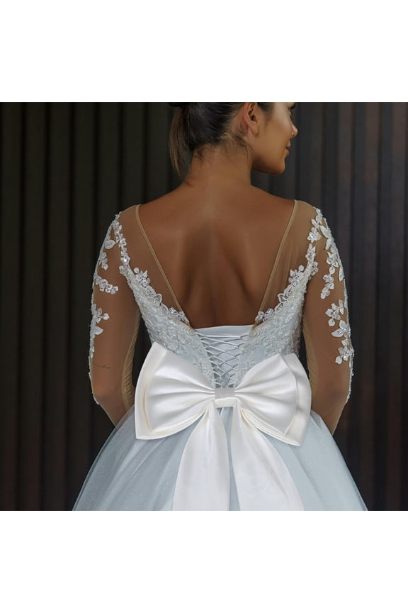 Elegant White Satin Detachable Bow Train Waist Sash Belt for Wedding Dress Bridal Gown Accessories