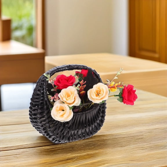 BESTYASH Flower Gathering Basket with Handle Black Wicker for Party 1Pack