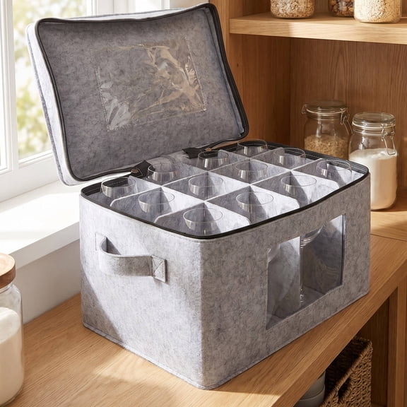 BESTYASH Glassware Storage Organizer with 12 Divided Compartments and Clear Window, Light Grey Container
