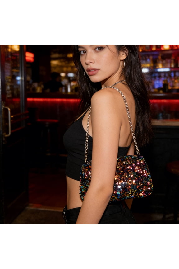 Golden Sequin Chain Crossbody Purse Small Sparkly Shoulder Bag for Party Use