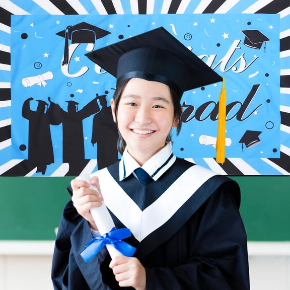 BESTYASH Graduation Party Backdrop Blue Polyester Fabric Grad Banner for Photo Decoration