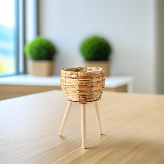 BESTYASH Brown Wood and Grass Woven Planter Basket Decorative Flower Pot Holder for Living Room, Garden, and Flower Shop Display