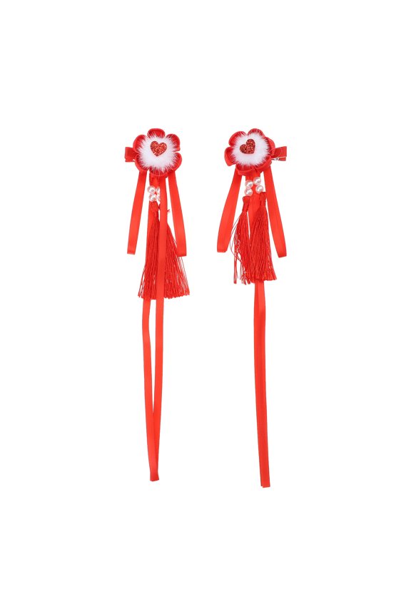 Vintage Red Fabric Tassel Hair Sticks and Barrettes Set, 1 Pair Stylish Hair Accessories for Women