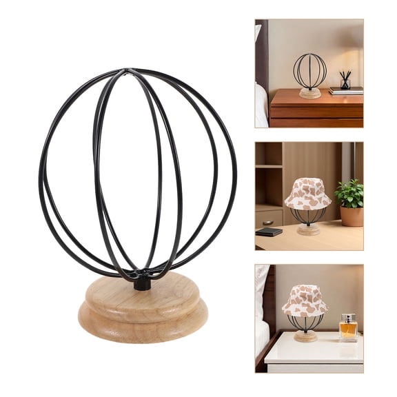 BESTYASH Iron Hat Display Stand with Wood Base, Black Spherical Top for Beanie Caps