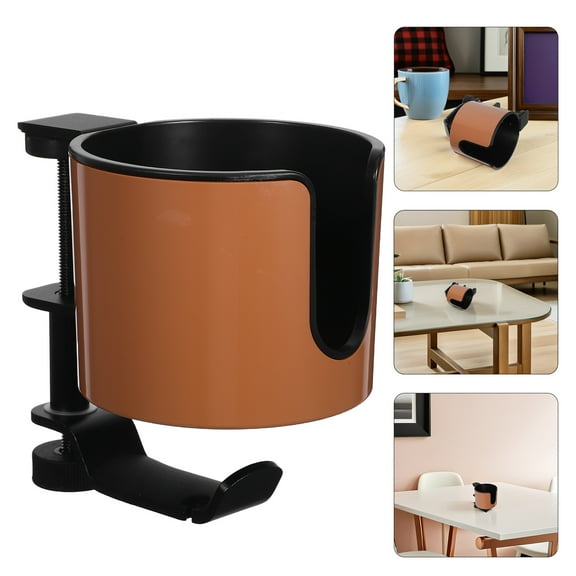 BESTYASH Light Brown Clamp on Desk Cup Holder with Rotating Headphone Hook and Space Saving Design