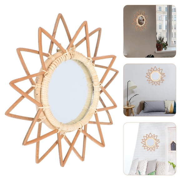 BESTYASH 1Pc Nordic Style Hanging Mirror with Woven Rattan Design in Light Yellow for Wall Adornment