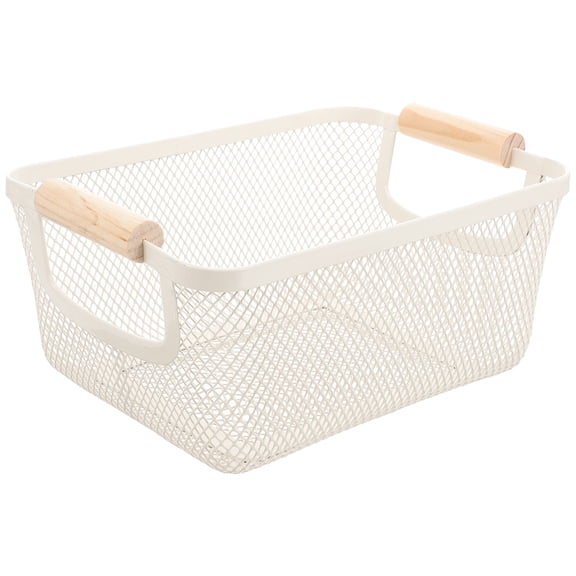 BESTYASH White Iron Mesh Wire Storage Basket with Wooden Handle for Bathroom Organization