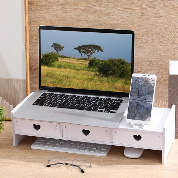 BESTYASH Office Desktop Monitor Riser with Drawer Keyboard Storage and Phone Holder in White