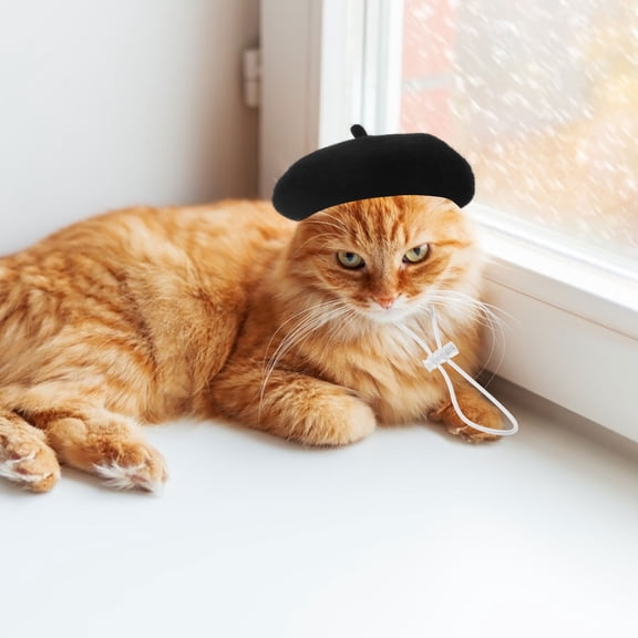 BESTYASH Black Wool Pet Beret Hat Adjustable Party Accessory for Dogs and Cats, Stylish and Comfortable