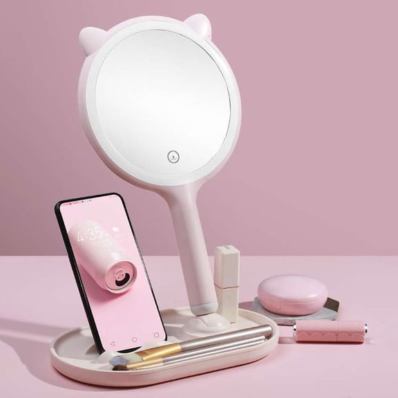 BESTYASH Desktop LED Makeup Mirror with Chic Design and Durable Lighting in Pink
