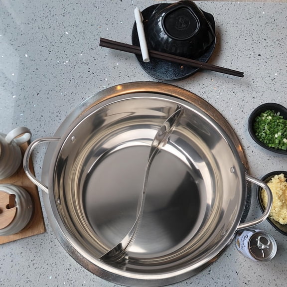 BESTYASH Plated Silver Stainless Steel Hot Pot Cookware with Dual Divider and Glass Lid for Kitchen