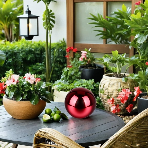 BESTYASH Polished Stainless Steel Red Garden Orb Reflective Sphere for Yard and Patio Decoration