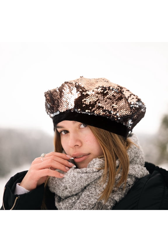 Sequin Beret Hat for Women Golden Acrylic 1 Pcs Retro Street Cap for Autumn
