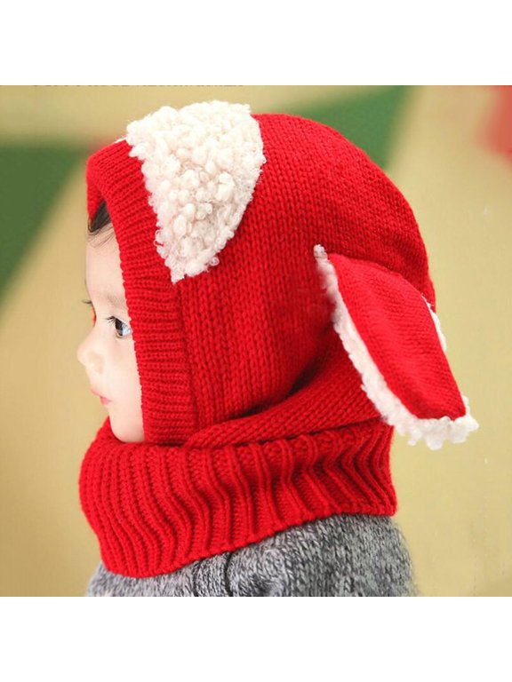 Winter Hat Scarf Earflap in Red Soft Knitted Woolen Coif for Cold Days