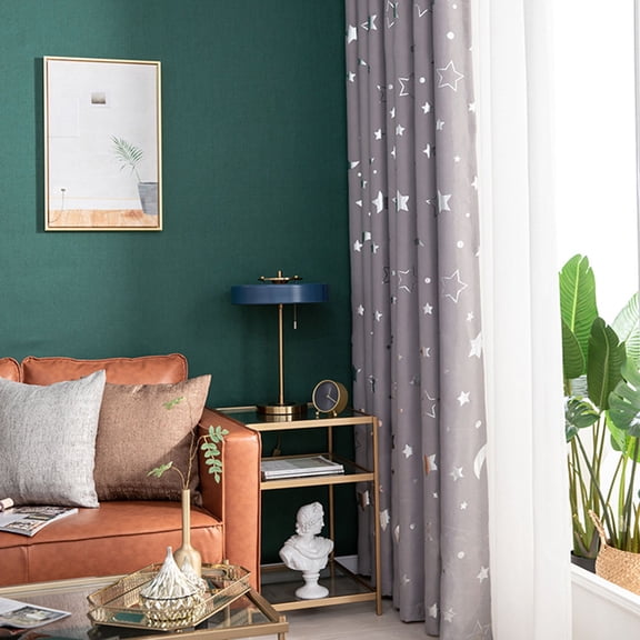 BESTYASH Simple Fashion Window Curtain Grey Polyester Silver Stars Moon Print Blackout Heat Insulation Curtain for Shading 100x250cm