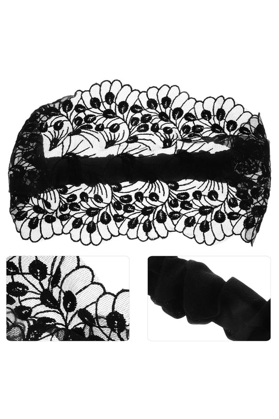 Wide Floral Lace Headwrap Black Stretchy Band for Face Washing and Hair Coverage